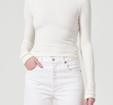 Alma Shrunken Crewneck: Rib with Extended Sleeve in Oat Milk