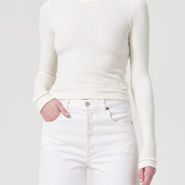 Alma Shrunken Crewneck: Rib with Extended Sleeve in Oat Milk