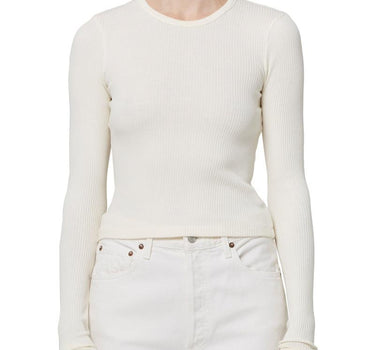 Alma Shrunken Crewneck: Rib with Extended Sleeve in Oat Milk