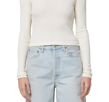 Alma Shrunken Crewneck: Rib with Extended Sleeve in Oat Milk