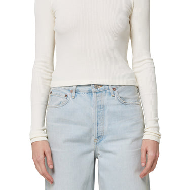 Alma Shrunken Crewneck: Rib with Extended Sleeve in Oat Milk