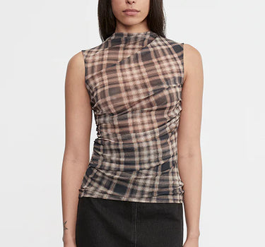 PLAID MESH SLEEVELESS TWIST TOP